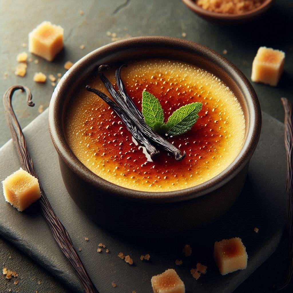 creme brulee garnish with whole vanilla beans
